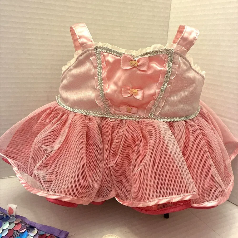 Build-A-Bear Workshop Rainbow Sequin Dress, Pink Ballet Dress, Tutu & Shoes Lot